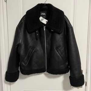 NWT - Zara ZW Collection Women’s Sherpa Lined Faux Leather Biker Jacket - Size L
